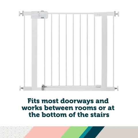 Walk Through Baby Gate For Doorways No Tools Needed Easy Install Fits 29 To 38 Inches Adjustable 28 Inch Tall White Kid And Pet Safe Gate For Home Use In Doorways And Hallways Great For Wide Doorways And High Traffic Homes Safe For Kids And Pets displayed against a white background.