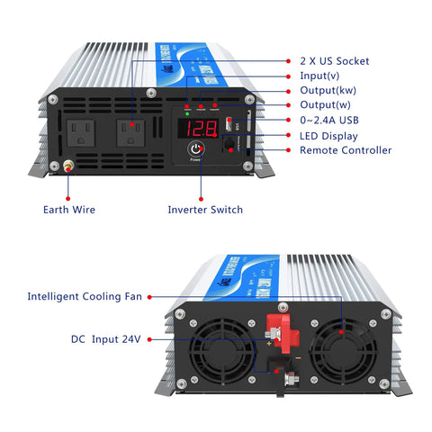 1600 Watt Power Inverter Modified Wave Workhorse DC 12 Volt To AC 120 Volt With Remote Control And Led Display And Usb Charging Port for RVs and trucks