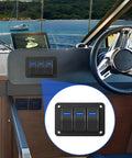 Rocker Switch Panel 12V Marine Waterproof Toggle Switch With Blue LED installed on a boat dashboard, 3-gang aluminum panel.
