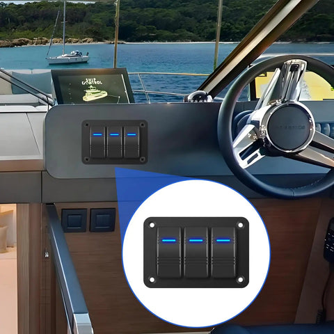 Rocker Switch Panel 12V Marine Waterproof Toggle Switch With Blue LED installed on a boat dashboard, 3-gang aluminum panel.