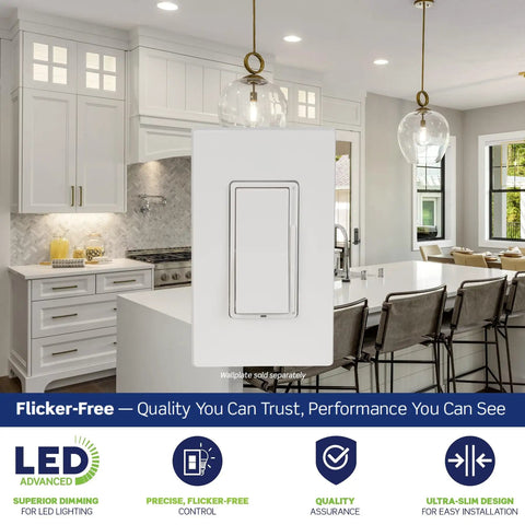 Decora Slide LED Dimmer Switch For 150W Dimmable LED Halogen And Incandescent Bulbs And Fixtures White DSL01 LW in modern kitchen