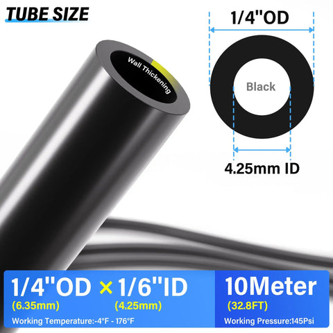 Close-up of Pro Grade Quarter Inch OD PU Air Tubing Kit thirty two point eight feet polyurethane hose showing measurements