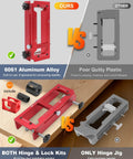 Comparison of All In One Pro Door Hinge Jig And Lock Installation Kit with aluminum template versus plastic hinge jig.