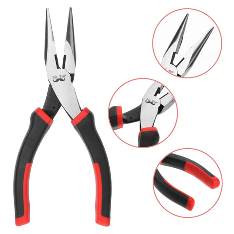 Pro Level Needle Nose Pliers Built Like A Tank With Tempered Steel Jaws For Tight Squeeze Tasks, red rubberized grip handle.