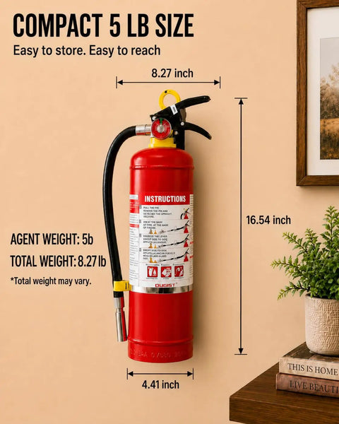 Totally Bulletproof 5 Lb Abc Dry Chemical Fire Extinguisher 2 Pack with size dimensions on wall, showing compact 5 lb design and instruction details.