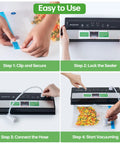 Steps to use Must Have Vacuum Sealer For Dry And Moist Food, Compact Kitchen Gadget: securing bag, locking sealer, connecting hose, vacuuming