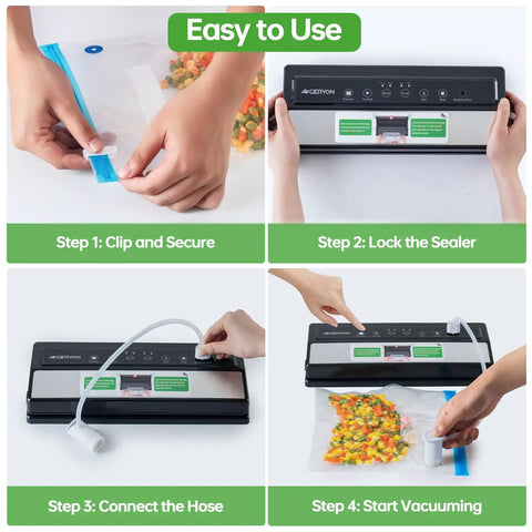 Steps to use Must Have Vacuum Sealer For Dry And Moist Food, Compact Kitchen Gadget: securing bag, locking sealer, connecting hose, vacuuming