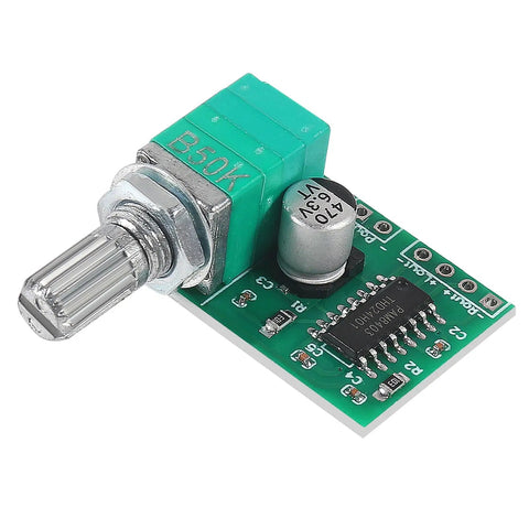 Front view of Dual Channel 5V Mini PAM8403 Audio Amplifier Module with potentiometer for DIY projects, featuring 3W plus 3W stereo power.