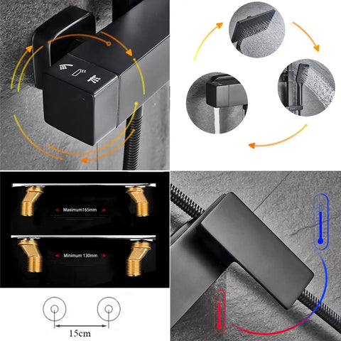 UMJIGF Shower System Set, Exposed Shower Faucet diverter handle and installation details on black finish.