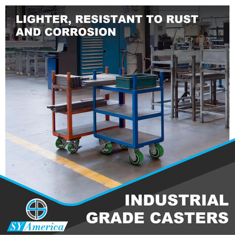 Industrial carts with Heavy Duty Casters 8 Inch By 2 Inch, Aluminum Core, Polyurethane Tread, non-marking in a warehouse