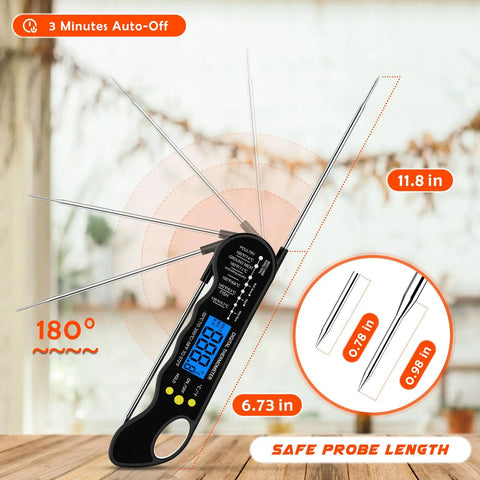 Fast Digital Meat Thermometer With Magnetic Backlight Waterproof Design for Cooking, displaying probe lengths and angles