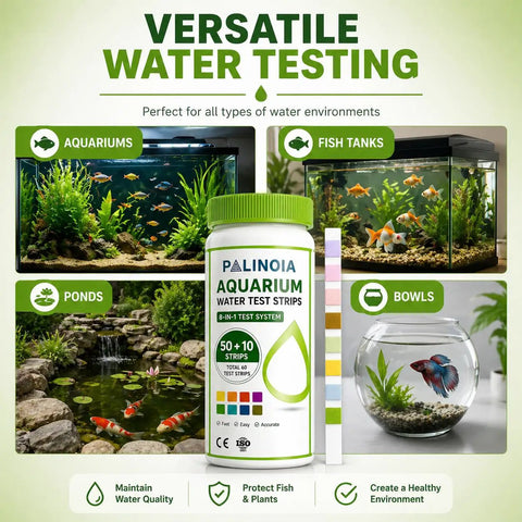 Top Tier Aquarium Water Test Strips 8 In 1 Fish Tank Chemistry Tester For Freshwater And Saltwater 60 Pack, shown in various aquatic environments.