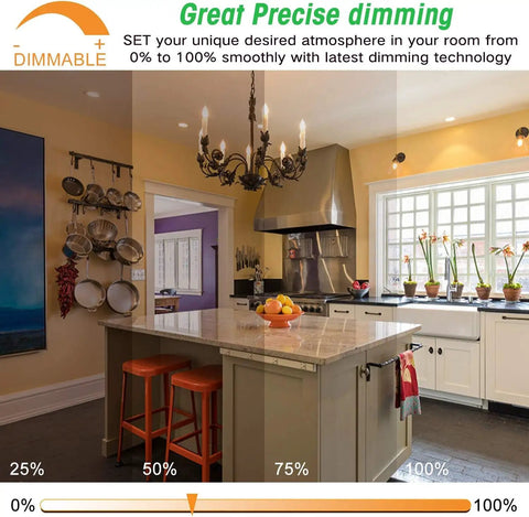 Kitchen with chandelier, dimmable lighting showing 12-Pack Dimmable E12 LED Candelabra Bulbs 40W Equivalent 2700K warm white in action.