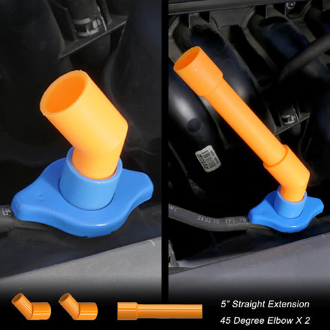 Spill Proof Radiator Coolant Filling Funnel Kit With 5 Inch Extension Bar And 45 Degree Elbow For Reaching Tight Caps, Prevent Spills And Air Pockets, Color Matching Caps For Adapters, Quick Clean Cooling System Fills