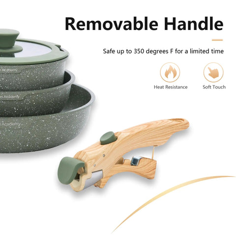 Detachable-Handle 10 Piece Camping Cookware Set Nonstick Induction Pots And Pans Green Granite RV handle detail