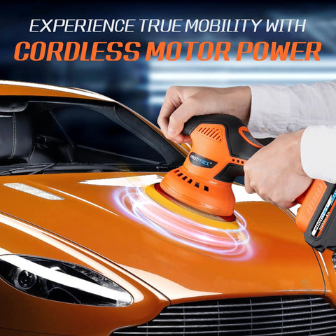 Cordless Car Buffer Polisher Kit With 2x2000mAh 21V Batteries, 6 Inch Waxer being used on orange car hood