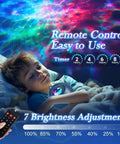Child using Upgrade Star Galaxy Projector Night Light with 15 Color Modes and Bluetooth Speaker for a calming sleep ambiance.
