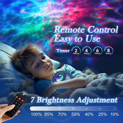 Child using Upgrade Star Galaxy Projector Night Light with 15 Color Modes and Bluetooth Speaker for a calming sleep ambiance.