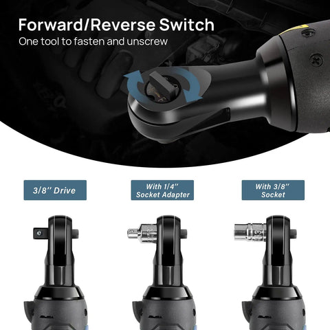 Get It Done Anywhere With A 12V Cordless Ratchet Wrench Set Featuring A Three Eighth Inch Drive 37 Ft-Lbs Torque Fast 1 Hour Charge And Two 2.0Ah Batteries Plus 10 Sockets And Variable Speeds For Cars Bikes And Home Repair Work
