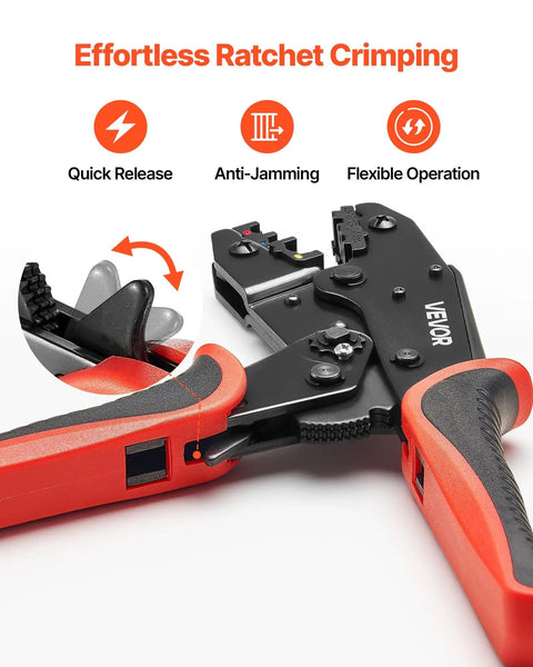 Heavy Duty Ratcheting Wire Crimper Pliers For 22 To 10 AWG Electrical Terminals showcasing quick release lever and durable grips.