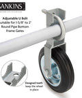 Gate Helper Wheel Set For Swing Gates Up To One And Five Eighths Inches To Two Inches Frame, heavy-duty steel and rubber wheel.