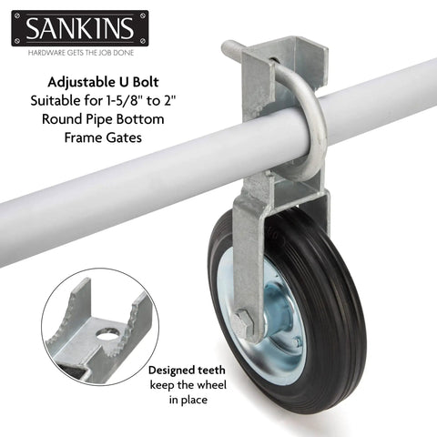 Gate Helper Wheel Set For Swing Gates Up To One And Five Eighths Inches To Two Inches Frame, heavy-duty steel and rubber wheel.