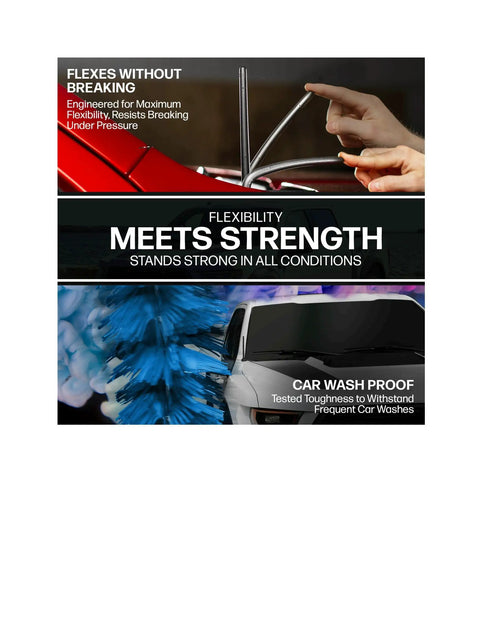 Close-up of a flexible rubber antenna showing durability and strength, Black Short Rubber Six And Three Quarters Inch Universal Antenna Kit For Easy Setup No Fuss Car Wash Proof Reception With Copper Coil And Stainless Steel Threading Flexible Durable Fits Cars Trucks SUVs, against a car wash background.