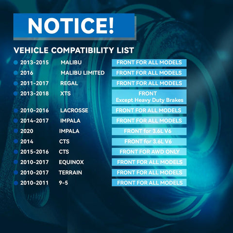 Vehicle compatibility list for Front Wheel Bearing Hub Assembly Fits Chevy Malibu 2013 to 2015 and Impala 2014 to 2017