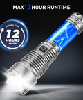 Two Pack Rechargeable LED Flashlights Crazy Bright 990,000 Lumens With Five Modes IPX6 Waterproof Tactical Gear displaying 12-hour runtime