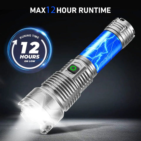 Two Pack Rechargeable LED Flashlights Crazy Bright 990,000 Lumens With Five Modes IPX6 Waterproof Tactical Gear displaying 12-hour runtime