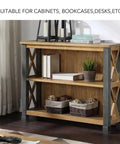 Wooden bookcase with metal frame, shelves holding books, plant, and baskets