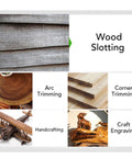 Image showcasing wood slotting, arc trimming, corner trimming, handcrafting, and craft engraving with cordless wood router.