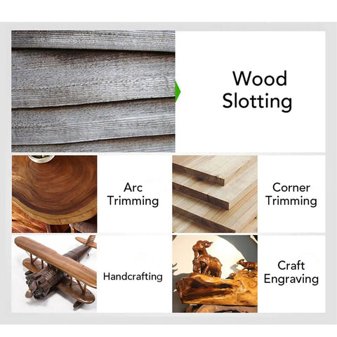 Image showcasing wood slotting, arc trimming, corner trimming, handcrafting, and craft engraving with cordless wood router.