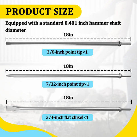 3 Pack Pneumatic Taper Punch And Air Cold Chisel Set For Air Hammer Tools with 7/32 and 3/8 point tips and 3/4 flat chisel.