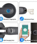 Straight Up Secure Fingerprint Smart Lock For Front Door Electronic Automatic Deadbolt Waterproof Biometric Keyless Entry No Fuss Setup features biometric fingerprint, mechanical key slot, USB charging port, and app Bluetooth unlock.
