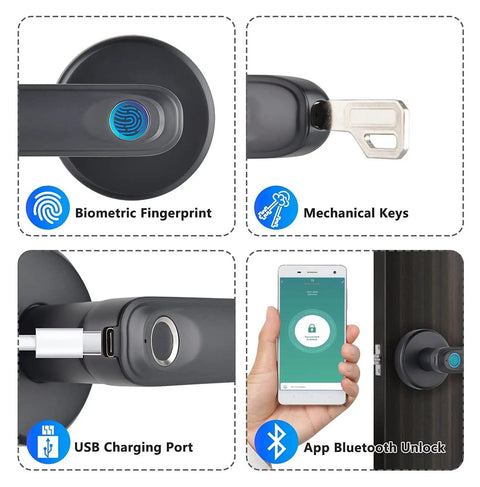 Straight Up Secure Fingerprint Smart Lock For Front Door Electronic Automatic Deadbolt Waterproof Biometric Keyless Entry No Fuss Setup features biometric fingerprint, mechanical key slot, USB charging port, and app Bluetooth unlock.