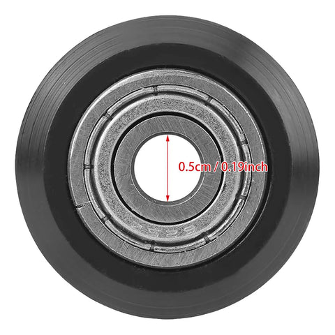Close-up of V Groove Wheel Set, 5mm Bore, 625 Bearing, Delrin Plastic, showing measurement for 3D Printer CNC Pulley Accessories.