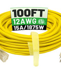 100 Ft Outdoor Extension Cord 12 Gauge 3 Conductor Heavy Duty Waterproof with Lighted End 15 Amp 1875W 3 Prong SJTW Yellow ETL