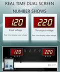Rock Steady Automatic Voltage Stabilizer For Homes And Air Conditioners 220V Single Phase 6800W To 20000W High Capacity Power Conditioner showing dual screen display of input and output voltages.