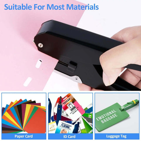 Heavy-Duty Oval Hole Punch, Metal Handheld Slot Puncher For ID Cards And Paper in action, punching oval slots in various materials