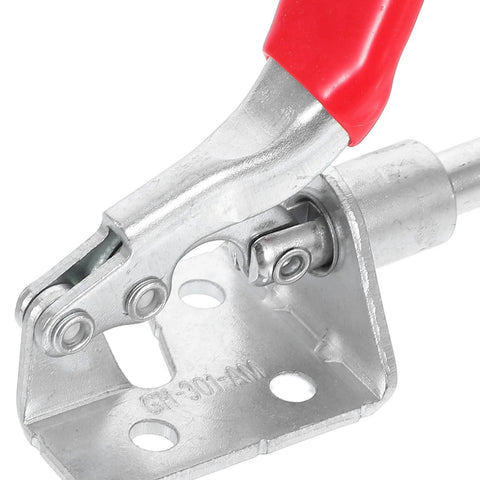 Close-up of a 4 Piece Heavy Duty Toggle Clamps Set Iron Push Pull Fixed Workholding Device for woodworking and welding use