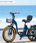 Universal Bike Seat With Backrest For Maximum Comfort Oversized Cushioned Bicycle Saddle With High Density Foam Adjustable Height And Extra Support For Long Rides And All Day Comfy Cruising on blue tricycle
