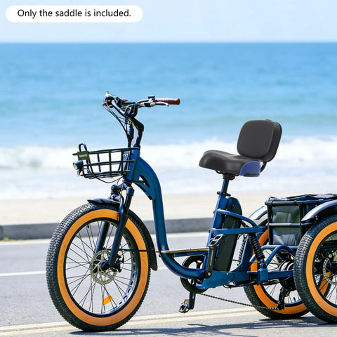Universal Bike Seat With Backrest For Maximum Comfort Oversized Cushioned Bicycle Saddle With High Density Foam Adjustable Height And Extra Support For Long Rides And All Day Comfy Cruising on blue tricycle