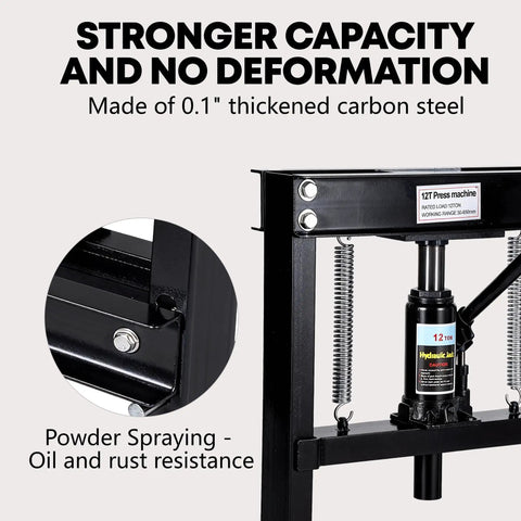 12 Ton Hydraulic Shop Press With Movable Plates And Adjustable Height H Frame in black carbon steel with hydraulic cylinder