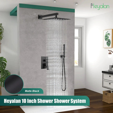 Square Rain Shower System 10 Inch Matte Black With 2 In 1 Handheld Sprayer And Fixed Head Wall Mount Rough In Valve High Pressure Shower Fixture Kit Including Arm Hose Holder installed