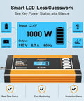 Road Ready 1000 Watt Pure Sine Wave Power Inverter With Slick Lcd Screen Etl Certified showing battery and power status display.