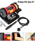 Badass Mini Bench Grinder With Variable Speed Up To 10000 RPM And Flexible Shaft Kit showing tools and grinding wheels for crafts.