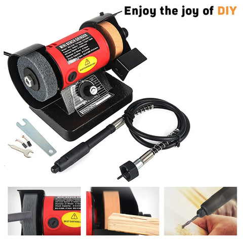 Badass Mini Bench Grinder With Variable Speed Up To 10000 RPM And Flexible Shaft Kit showing tools and grinding wheels for crafts.