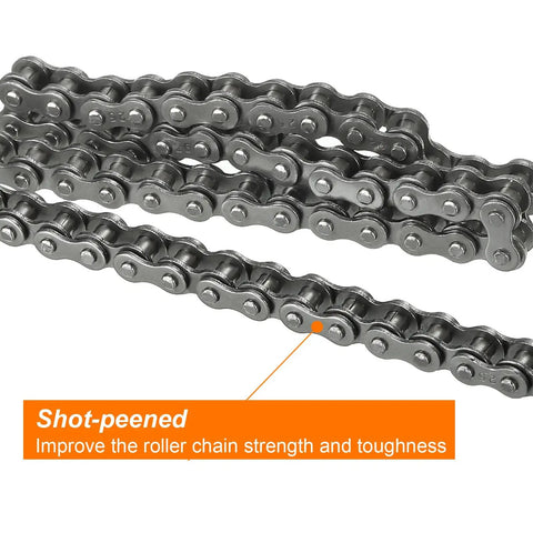 One Quarter Inch Pitch Roller Chain, Three Feet Long, 144 Links, Carbon Steel With Two Free Master Links, close-up view