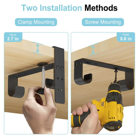 Two installation methods for Under Desk Cable Management Tray No Drill Upgrade Thickened Felt Cord Organizer With Clamp Or Screw Mount.